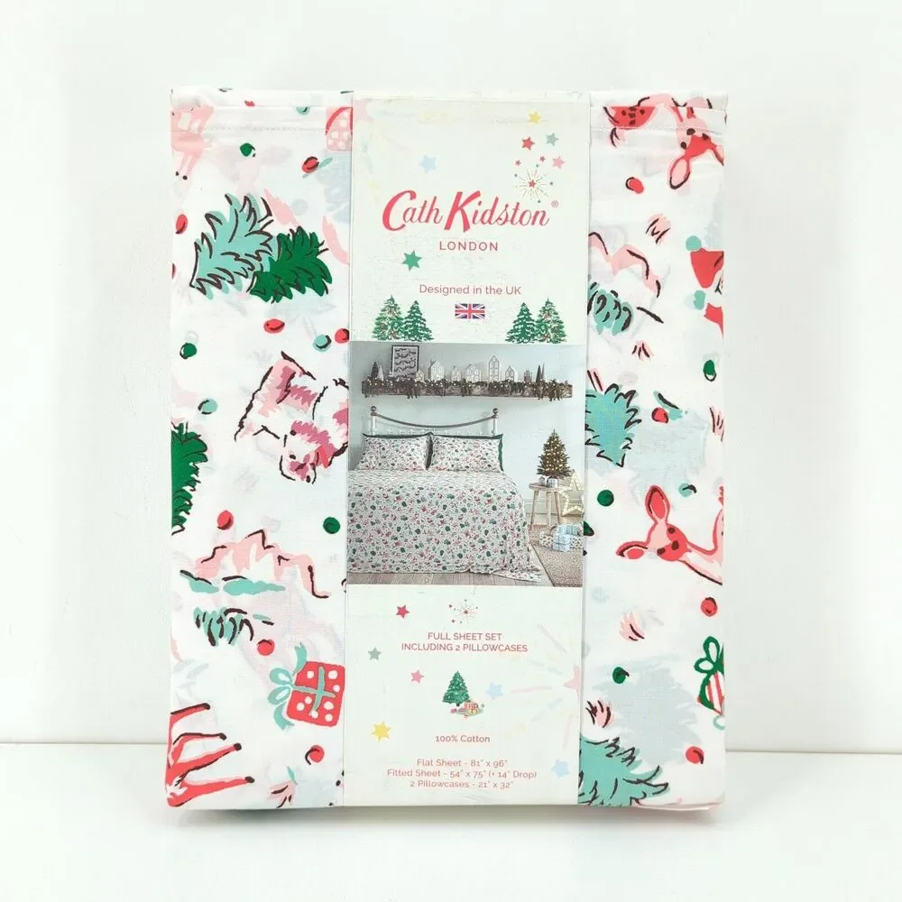 Cath Kidston Full Sheet Set Ditsy Deer Pink White Christmas Flat Fitted Pillows